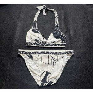 TRINA TURK Women 2 Piece Bikini Swimsuit Triangle Ties Sz 10 Black White 3-45